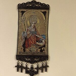 Religious icon banner of San Gennaro di Napoli Cotton with Gold Yarn Wall Italy